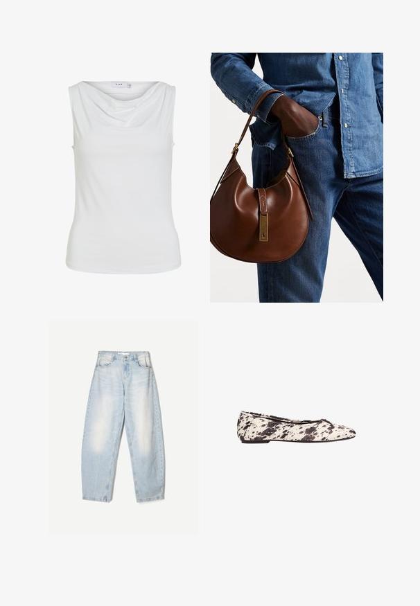Bela ženska majica brez rokavov z drapirano ovratnikom in oprijetim silhueto, v ovratniku označena z "VILA".; Svijetloplave traperice slobodnog kroja, s izbjeljenom završnom obradom, dva prednja džepa i kopčom na gumbe na pojasu.; Črno-bela pikasta balerinka z majhnim lokom na zaobljenem prstu in nizko peto, prikazana s strani na beli podlagi.; Rjava usnjena hobo torba zaobljene oblike, ki vsebuje zlatokovinske dodatke in kontrastno šivanje. V kombinaciji z denim srajco in kavbojkami.