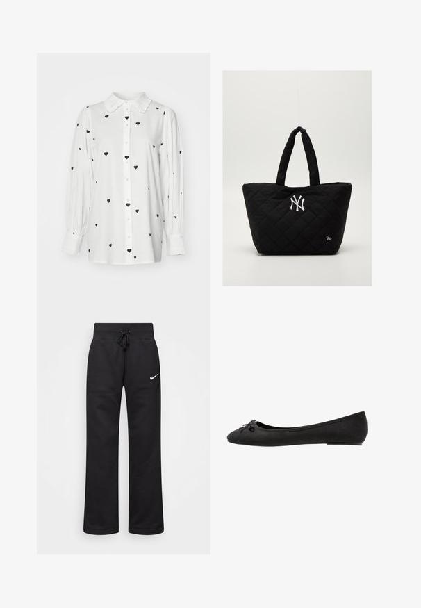 Balta pogājama krekls ar ruffles apkakli un melnā sirdīšu rakstu. Iespējas: garas, nedaudz pūkainas piedurknes un taisna griezuma.; Melnas treniņbikses, kas izgatavotas no kokvilnas maisījuma, ar regulējamu jostu, taisnām kājām un baltu Nike logo kreisajā pusē.; Melni zamšaini balerīni ar noapaļotu pirkstu, priekšpusē ar dekoratīvu loku un plakanu zoli. Gluda tekstūra un klasiskas formas.; Quiltota melna soma ar divām rokturiem, kurai ir balts Ņujorkas Jankiju logo un neliela zīmola emblēma sānos.
