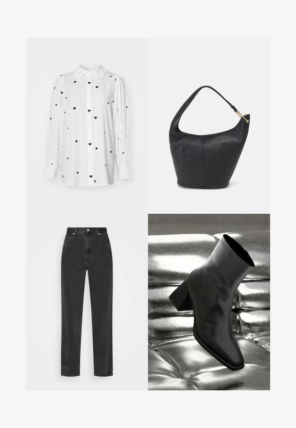 Weißes Hemd mit Rüschensaum und schwarzen Herzmustern. Hat lange, leicht gepuffte Ärmel und einen geraden Schnitt.; Schwarze Denim-Jeans mit geradem Bein, hoher Taille, vorderem Knopf und Reißverschluss sowie fünf Taschen auf weißem Hintergrund.; Schwarzer Knöchelstiefel aus glänzendem Material mit quadratischer Zehenform und verjüngtem Absatz, vor einem glänzenden silbernen gepolsterten Hintergrund.; Schwarze Lederhandtasche mit abgerundeter Form, breitem Tragegurt und strukturiertem Finish. Besitzt eine subtile Nahtdetails und einen Akzent aus goldfarbenem Metall.