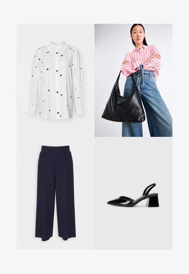 Balta pogājama krekls ar ruffles apkakli un melnā sirdīšu rakstu. Iespējas: garas, nedaudz pūkainas piedurknes un taisna griezuma.; Platas kājas bikses tumši zilā audumā ar svītrainu tekstūru. Aprīkotas ar gludu jostasvietu un plūstošu siluetu, sasniedzot vidus teļus.; Melna lakota āda ar atvērto papēdi, ar smailu purngalu un ģeometrisku blokpapēdi. Iezīmējas elegants, minimāls dizains un gluda tekstūra.; Melnas ādas plecu soma ar vaļīgu formu un šuvju detaļām. Modelis valkā rozā un baltu svītrainu kreklu ar plaša kāju ziliem džinsiem.