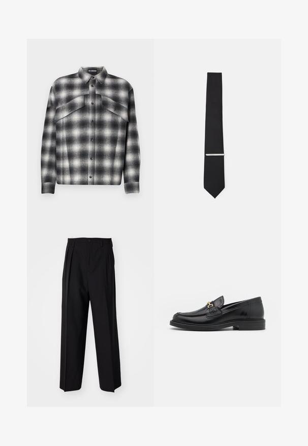Svart og hvit rutete flanellskjorte med knapplist foran, to brystlommer og kragehalser. Laget av teksturert stoff.; Sorte plissert bukser med en rett, bred benform. Laget av glatt stoff, med knappelukking og beltehemper.; Sorte skinnloafers med rund tå, prydet med gullhardware og stingdetalj, plassert på en lav, teksturert gummisåle.; Svarte slips laget av glatt stoff, med smal bredde og en sølv slipsenål som fremhever designet.