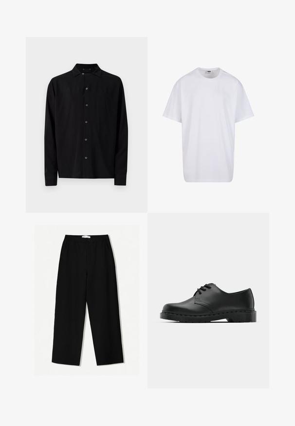 Čierna košeľa s dlhým rukávom, štandardným golierom, predným zapínaním na gombíky a hladkým povrchom, so rovnomerným lemom a gombičkovými manžetami.; Biela bavlnená tričko s krátkymi rukávmi, okrúhlym výstrihom, uvoľneným strihom a žiadnymi viditeľnými logami alebo vzormi. Hladká textúra a minimálny dizajn.; Čierne široké nohavice s textúrovanou látkou, s elastickým pásom a bočnými vreckami. Jednoduchý, minimalistický dizajn bez ozdôb.; Čierne kožené oxfordky s viazaním, zaoblenou špičkou, plochou gumovou podrážkou a jemným prešívaním pozdĺž hornej časti.