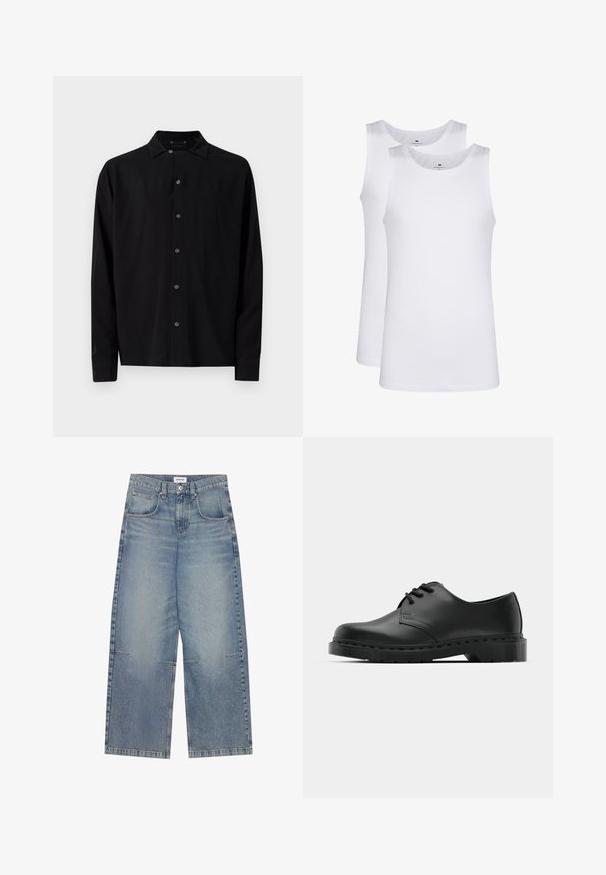 Melna garā piedurknē krekls ar standarta apkakli, priekšējiem pogām un gludu tekstūru, ar taisnu apakšmali un pogātām piedurknēm.; Baltās kokvilnas bezpiedurkņu krekli, ar apaļu kakla izgriezumu, vienkārša tekstūra, izgatavoti no mīksta, viegla auduma. Parādīti divi eksemplāri.; Gaiši zili platā kāju džinsi, kas izgatavoti no denima, ar augstu jostasvietu, piecām kabatām un redzamu šuvju ar ikdienišķu, izbalējušu apdari.; Melnas ādas oksfordas kurpes ar auklošanas dizainu, noapaļota purngala, plakana gumijas zole un smalka šuvumu detaļa augšējā daļā.