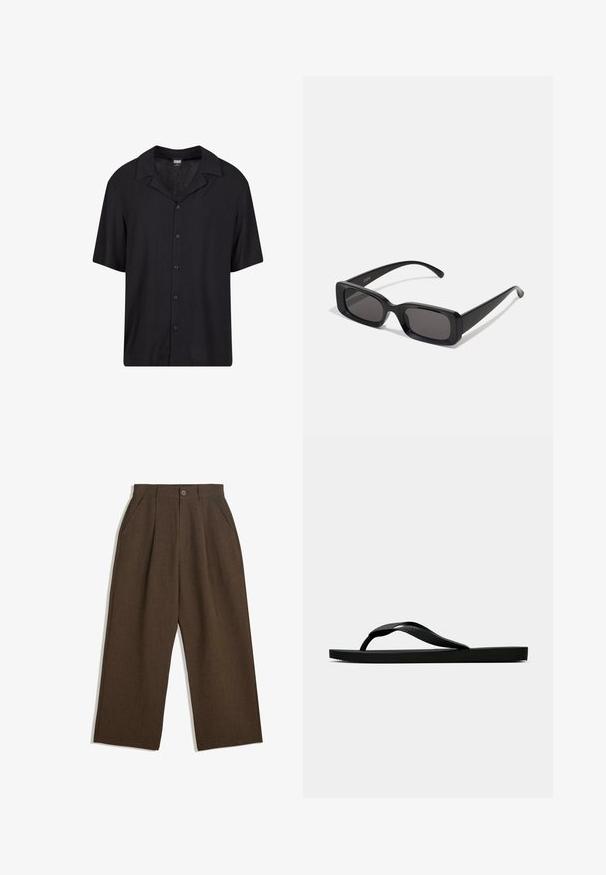 Zwart shirt met korte mouwen, gemaakt van lichtgewicht stof, met een knopenlijst aan de voorkant, een gespreide kraag en een relaxte pasvorm voor veelzijdige styling.; Zwarte tanktop met een ronde halslijn en brede schouderbanden. Gemaakt van zachte stof, met een gladde textuur en een eenvoudig ontwerp.; Bruine geplooide broeken met een wijdvallend ontwerp, voorzien van een knoopsluiting en zijzakken, gemaakt van een textiel dat geschikt is voor casual wear.; Zwarte rubberen flip-flop sandaal met een getextureerde strap en een eenvoudige platte zool, zijaanzicht op een effen lichte achtergrond.; Zwarte rechthoekige zonnebril met donkere lenzen, glanzende afwerking, brede pootjes en een robuust frameontwerp. Gegraveerde merknaam op één van de pootjes.