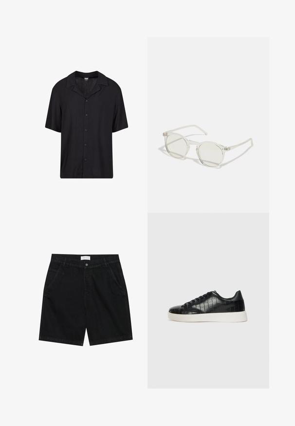 Trumpas rankovės juodas marškinėlis, pagamintas iš lengvos medžiagos, su sagų užtrauktuku priekyje, išskirtiniais apykaklėmis ir laisvu siluetu, puikiai tinkantis įvairiems stiliams.; Juodi džinsiniai šortai su klasikiniu kirpimu, turintys dvi priekinės kišenes, mygtuko užsegimą ir etiketę ant juosmens. Textūruotas audinys.; Juodi sportiniai batai su tekstūruotu krokodilo odos pamušalu, apvalia kojų dalimi ir kontrastinga balta guma su lygiu paviršiumi.; Apvalūs akiniai nuo saulės su skaidriu rėmu, šviesiai žaliais lęšiais ir plonomis skaidriomis kojelėmis. Rėmas turi subtilius metalinius akcentus.; Penki sidabro žiedai: vienas su juodu apvaliu akcentu, vienas su baltai-juodu geometriniu raštu, o kiti su įvairiomis formomis ir apdailomis.