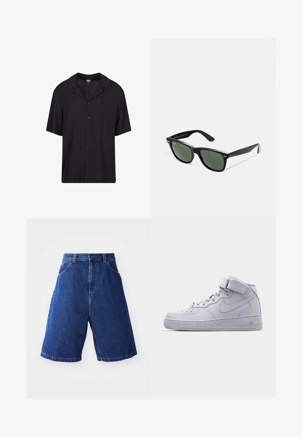 Camisa negra de manga corta hecha de tela ligera, con frente abotonado, cuello extendido y un corte relajado que permite un estilo versátil.; Shorts de mezclilla con un lavado azul, con una cintura alta, dos bolsillos delanteros y costuras amarillas a lo largo de las costuras.; Zapatillas Nike Air Force 1 de caña alta en gris con parte superior de cuero, cuello acolchado y una correa de Velcro. El diseño icónico incluye una caja de dedos perforada.; Gafas de sol de plástico negro con lentes verdes, montura cuadrada, acento plateado en la ceja y brazos texturizados. Marca indicada en el brazo interno.