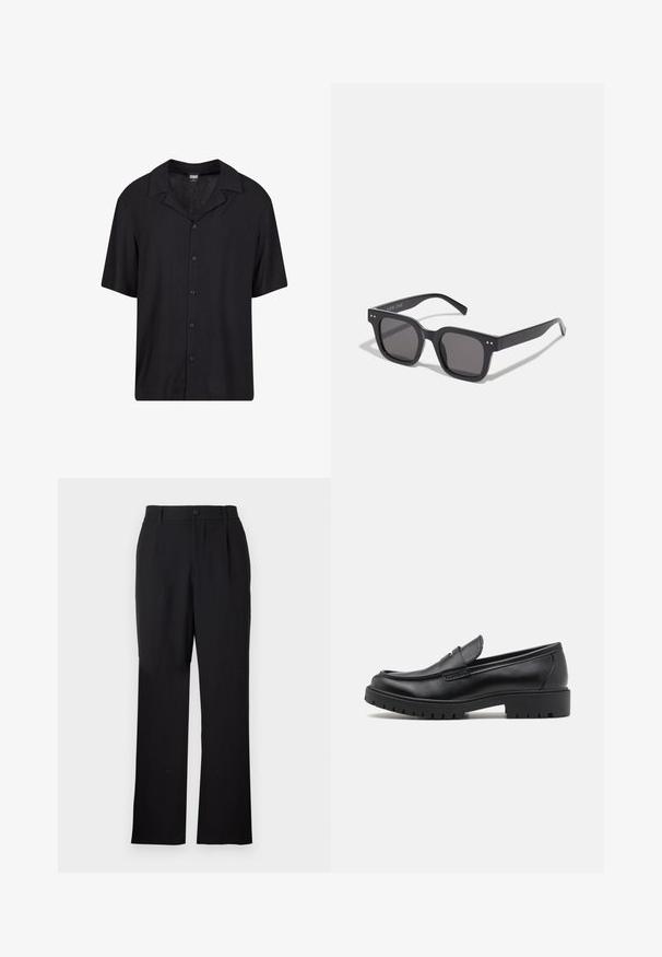 Czarna koszula krótki rękaw wykonana z lekkiego materiału, z zapięciem na guziki, klasycznym kołnierzykiem oraz luźnym krojem, idealna do wszechstronnych stylizacji.; Only & Sons ONSJEREMY czarny; Czarne skórzane mokasyny z okrągłym nosałem, wsuwanym fasonem i grubą gumową podeszwą z teksturowanym uchwytem. Podwyższona pięta i subtelne detale przeszycia.; Czarne prostokątne okulary przeciwsłoneczne z ciemnymi soczewkami, charakteryzujące się grubą oprawką, subtelnymi akcentami po bokach i brakiem widocznych logo poza nazwą marki.; Zegarek kwarcowy Casio z czarną tarczą, srebrną stalową bransoletą, dużymi białymi i czerwonymi cyframi oraz wodoodpornością do 200 m.