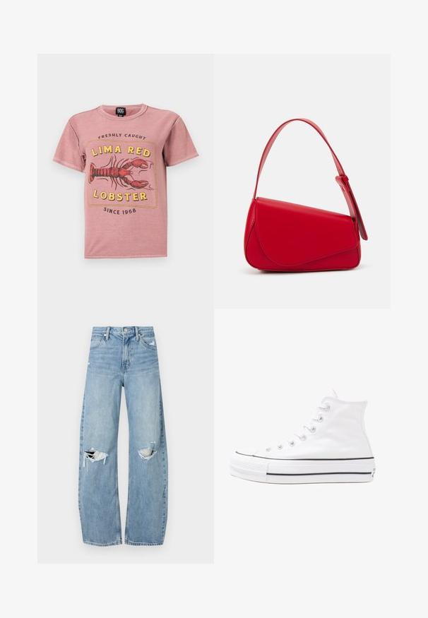 Rožinė medvilninė marškinė su omaro grafika ir tekstu "LIMA RED LOBSTER" geltona ir juoda spalvomis, apvaliu iškirpimu ir trumpomis rankovėmis.; Šviesiai mėlynos, aukštu juosmeniu džinsai pagaminti iš džinsinio audinio. Turi plačias kojų kelnes, dvi suplėšytas kelio vietas ir klasikinį penkių kišenių dizainą.; Balti aukštakulniai drobės sportbačiai su juodu guminio pado, priekinio guminio piršto dangteliu ir šešiais akytėmis raištams, pasižymintys švariu, minimalistiniu dizainu.; Raudona odinė rankinė su kampuota, geometrine forma. Pasižymi viena reguliuojama dirželiu ir dangteliu su siuvinėtais dekoracijomis.