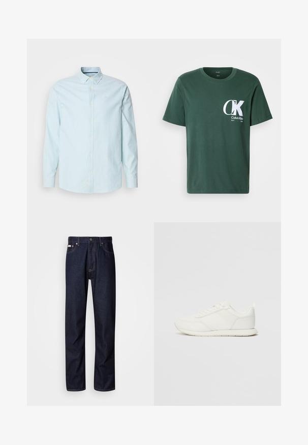 Hellblaues Button-Down-Hemd mit schmalen weißen Streifen, langen Ärmeln und klassischem Kragen. Enthält ein kleines Logo auf der Brust.; Grünes Baumwoll-T-Shirt mit kurzen Ärmeln und Rundhalsausschnitt, mit einem großen weißen CK-Logo auf der Brust und dem Text "Calvin Klein EST 1968".; Dunkelblaue Denim-Jeans mit geradem Bein, ausgestattet mit einem Knopfverschluss, fünf Taschen und kontrastierenden Nähten.; Weißer Sneaker mit einem Obermaterial aus Mesh und Synthetik, runder Zehenform, flachen Schnürsenkeln und einem strukturierten Seitenstreifen. Gummisohle mit einer Lasche hinten.