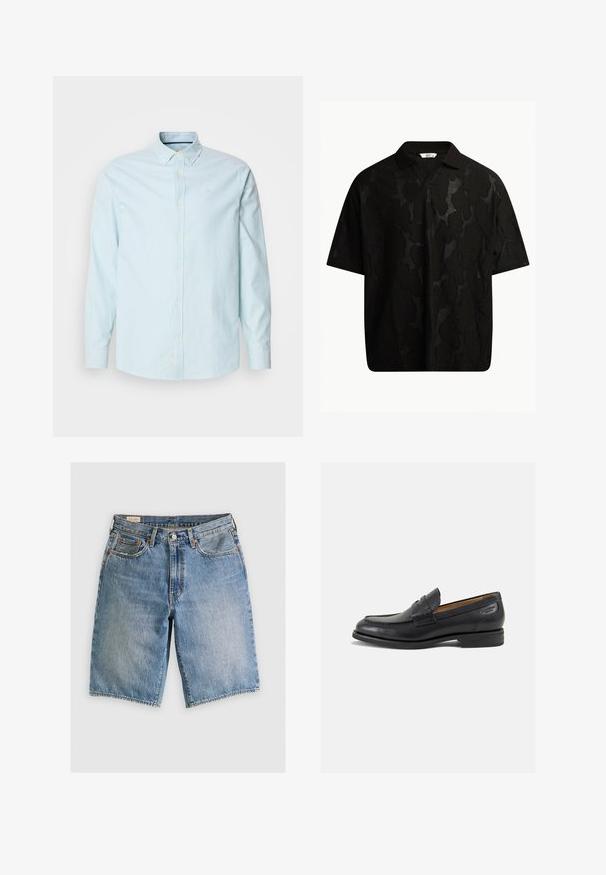 Light blue button-up shirt featuring thin white stripes, long sleeves, and a classic collar. Includes a small logo on the chest.; Black short-sleeve polo shirt featuring a textured, abstract pattern. The collar is flat and slightly open, enhancing the relaxed design.; Denim shorts in light blue with a classic cut. Features five pockets, orange stitching accents, and raw-edge hems.; Black leather loafers with a smooth finish, rounded toe, and decorative stitching on the vamp. Low stacked heel and slight shine.