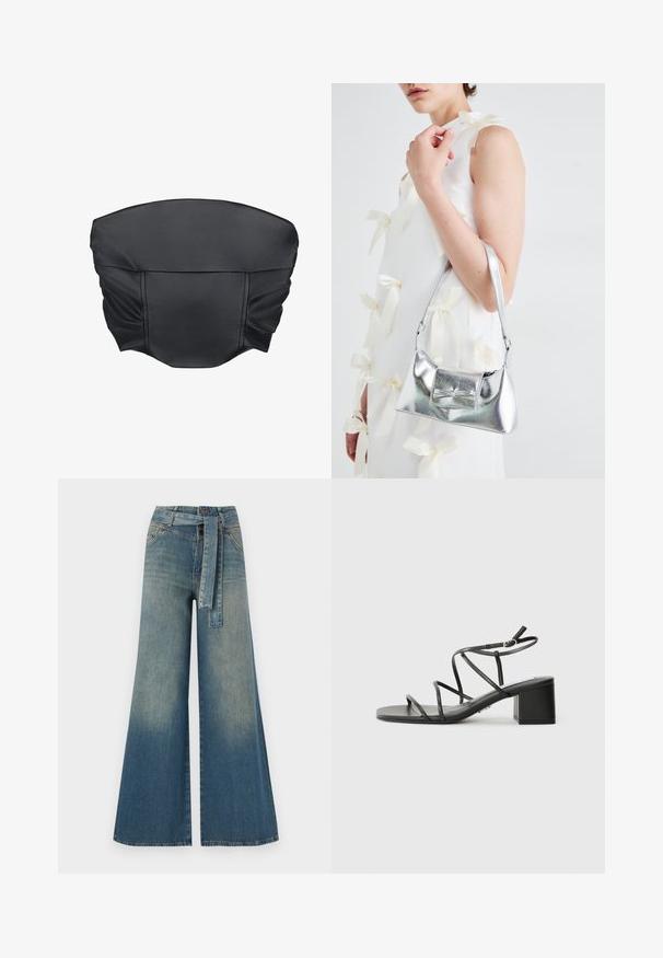 Must musta kunstnahast lühike topp, millel on kogutud tekstuur ja struktureeritud kuju, omades siledat pinda ja minimaalset õmblusdetailide arvu.; Laiad denimpüksid, millel on hele tume sinine gradiendiefekt, kõrge vöökoht, vöökumlid ja sobivast kangast vöö. Struktureeritud denimi viimistlus.; Mustad musta rihmaga sandaalid, ruudukujulise varbaga ja paksu kontsaga, valmistatud siledast materjalist. Omab reguleeritavaid pahkluu rihmu ja minimaalset riistvara.; Hõbedane metallik käekott struktureeritud kujuga, millel on ülemine sang ja ettepoole suunatud paeladetail. Sile tekstuur, peegeldav viimistlus.