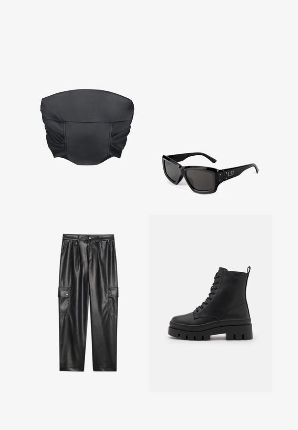 Must musta kunstnahast lühike topp, millel on kogutud tekstuur ja struktureeritud kuju, omades siledat pinda ja minimaalset õmblusdetailide arvu.; Mustad kunstnahast cargo püksid kõrge vöökoha ja kahe küljetaskuga, samuti kahe nööbiga cargo-taskuga reitel. Sile tekstuur ja kohandatud disain.; Even&Odd Wide Fit Platvormtallaga poolsaapad - black; Mustad mustra väljakujundusega mustad prillid, tumedad objektiivid ja kolmnurksed aktsendid külgedel. Sile plastiline tekstuur, kaasaegne disain.