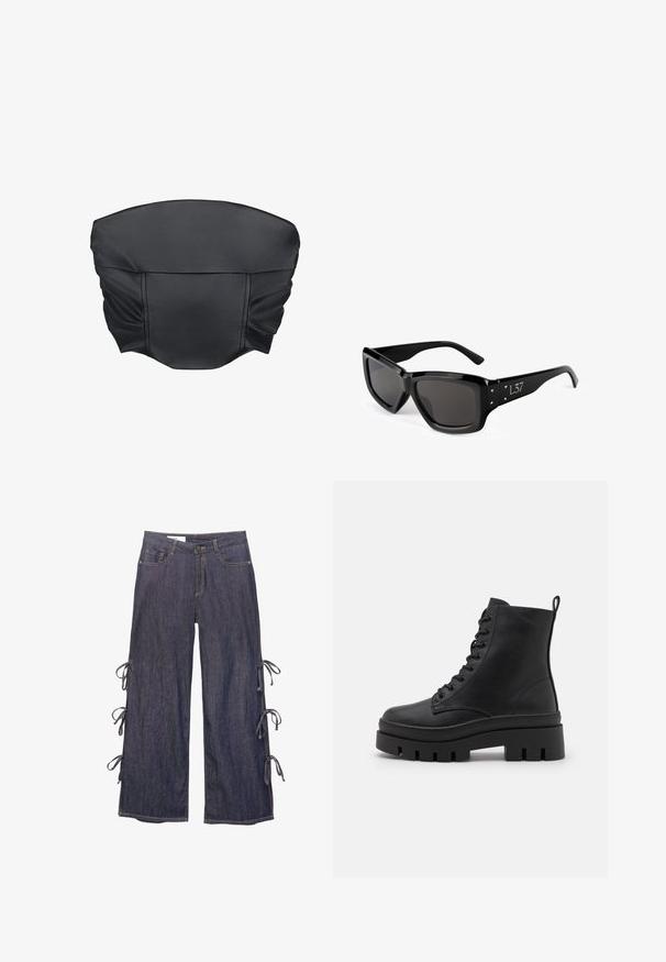 Mustat tekonahkaiset lyhyet toppit, joissa on koottu rakenne ja jämäkkä muoto, sileä pinta ja minimaalinen ompeluyksityiskohta.; Tummansiniset leveälahkeiset farkut, joissa on sivunauhat ja nappikiinnitys. Mukana etutaskut ja rento siluetti.; Even&Odd Wide Fit Platform-nilkkurit - black; Mustat aurinkolasit suorakulmaisen kehykset, tummat linssit ja kolmionmuotoiset korostukset sivuilla. Sujuva muovipinta, moderni muotoilu.; Musta ja hopea adidas käsilaukku, jossa on sileä pinta, kiiltävä niittikuosi ja erottuva kaareva muotoilu.