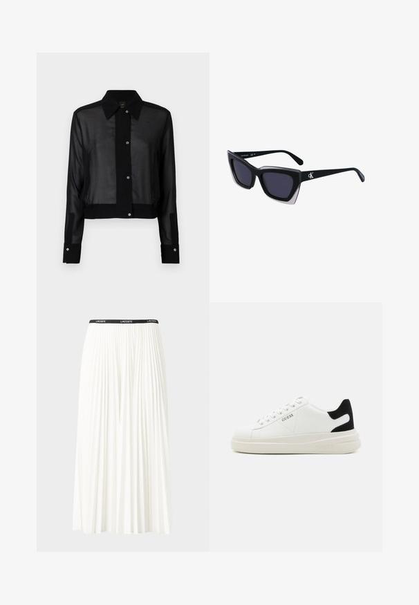 Blusa nera trasparente con bottoni, colletto classico, vita elastica e maniche lunghe con polsini neri e bottoni a pressione argentati.; Gonna bianca plissettata con elastico nero in vita che presenta il logo "LACOSTE". Design di lunghezza media con texture morbida.; Sneaker bianchi in pelle con suola spessa bianca, accento in suede nero sul tallone e logo impresso sul lato. Design con lacci e sei fori per i lacci.; Occhiali da sole oversize neri dalla forma geometrica, con lenti scure e un dettaglio grigio a contrasto sulla montatura. Logo sul braccio.