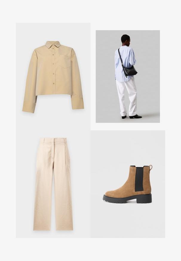 Cămașă bej scurtă, dintr-un amestec de bumbac, cu guler ascuțit, închidere cu nasturi și un mic buzunar pe piept cu broderie logo.; Pantaloni bej din material netedom. Au o croială dreaptă, față plată și două pliuri. Fără modele vizibile sau accesorii.; Botine din piele nubuc maro, cu panou elastic negru pe laterale, talpă masivă neagră, bucla la spate și logo embosat "cK" aproape de gleznă.; Geantă de umăr din piele neagră cu o textură moale, formă triunghiulară și curea ajustabilă, asortată cu o bluză cu dungi albastre deschise și pantaloni albi.