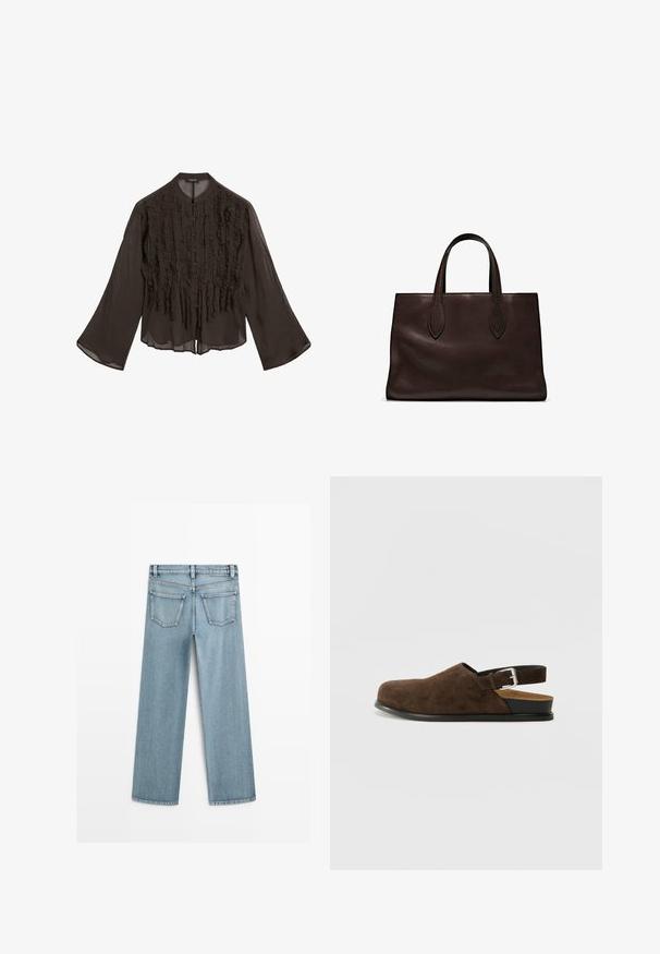 Donkerbruin blouse met lange mouwen, verticaal gerimpelde textuur aan de voorkant, knoopsluiting en een ronde halslijn.; Lichtblauwe denim wijde jeans met een gemiddelde taillehoogte, voorzien van twee achterzakken en een klassieke rechte snit.; Bruin suède instapper met een lage hak, een verstelbare band met een zilveren gesp en een zwarte rubberen zool.; Bruine leren tote bag met twee verlengde handvatten, gestructureerde rechthoekige vorm, gladde textuur en subtiele stiksels.