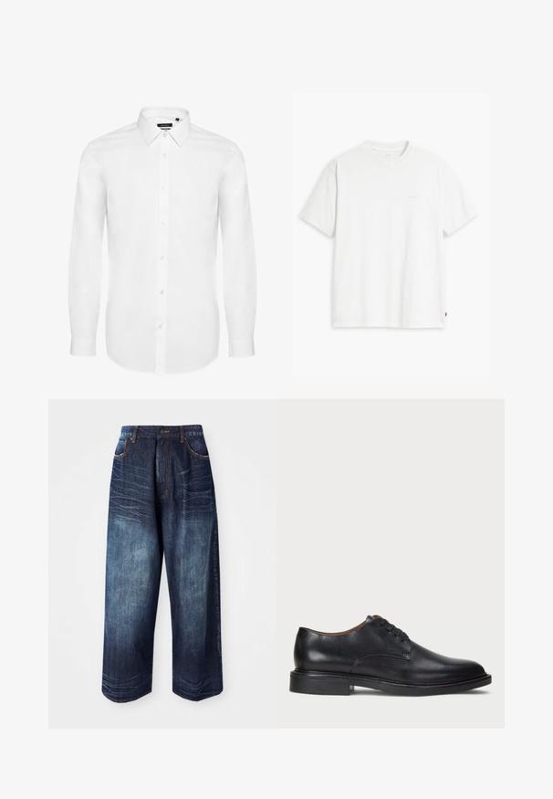 Witte overhemd met lange mouwen van geweven stof, voorzien van een button-down kraag, een voorplacket met knopen en mouwen met manchetten. Minimale uitstraling.; Witte katoenen T-shirt met korte mouwen, ronde hals en subtiele Levi's logo gedrukt in het midden. Zachte textuur en standaard pasvorm.; Donkerblauwe denim wijde broek met een hoge taille, contraststeek, voorzakken en een soepele textuur met een lichte vervaging.; Zwart leren dresschoen met een ronde neus, vetersluiting en een lage gestapelde hak. Gladde textuur met minimale stiksels.
