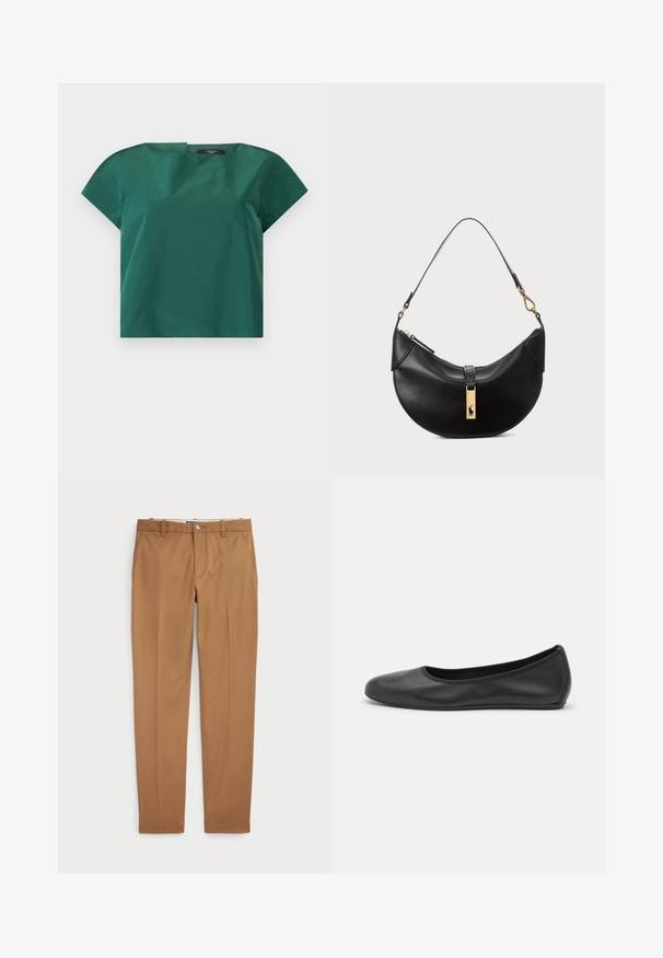WEEKEND MaxMara PARANA - Blouse - verde; Brown cotton trousers with a slim-fit design, flat front, and standard pockets; smooth texture and hemmed cuffs.; Black leather ballet flat with a rounded toe, smooth texture, minimal stitching detail, and a flexible sole design.; Black leather handbag in a half-moon shape. Features a gold hardware accent and a narrow strap. Smooth texture, zipper closure at the top.
