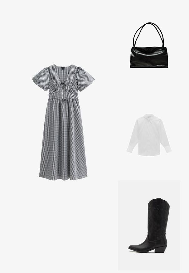 White long-sleeve button-up shirt made from cotton, featuring a classic collar, front buttons, and structured shoulders. Smooth texture.; Black and white gingham dress with short puff sleeves, a wide neckline, gathered waist, and a knee-length skirt. Features a bow at the center.; Black leather cowboy boot with pointed toe, low stacked heel, and intricate embossed leaf pattern on the shaft. Loop at the top for easy wear.; Black leather bag with a smooth texture, rectangular shape, and two long handles. Simple design with no visible hardware or embellishments.