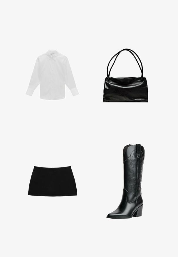 Hvid langærmet skjorte med knaplukning lavet af bomuld, med klassisk krave, frontknapper og strukturerede skuldre. Glat tekstur.; Sort bomulds mini nederdel med en tætsiddende talje. Glat tekstur, enkelt design og lige kant. Ingen yderligere mønstre eller hardware synlige.; Sorte læder cowboystøvler med spids tå, høj skaft og dekorativ syning. Har en stablet hæl og trækflapper for nemt at tage af og på.; Sort lædertaske med en glat overflade, rektangulær form og to lange håndtag. Enkel design uden synligt hardware eller dekorationer.; Guldtonede metalknopper med en hamret overflade, der har et åbent design og glatte kanter. To størrelser vist: en bredere og en slankere.