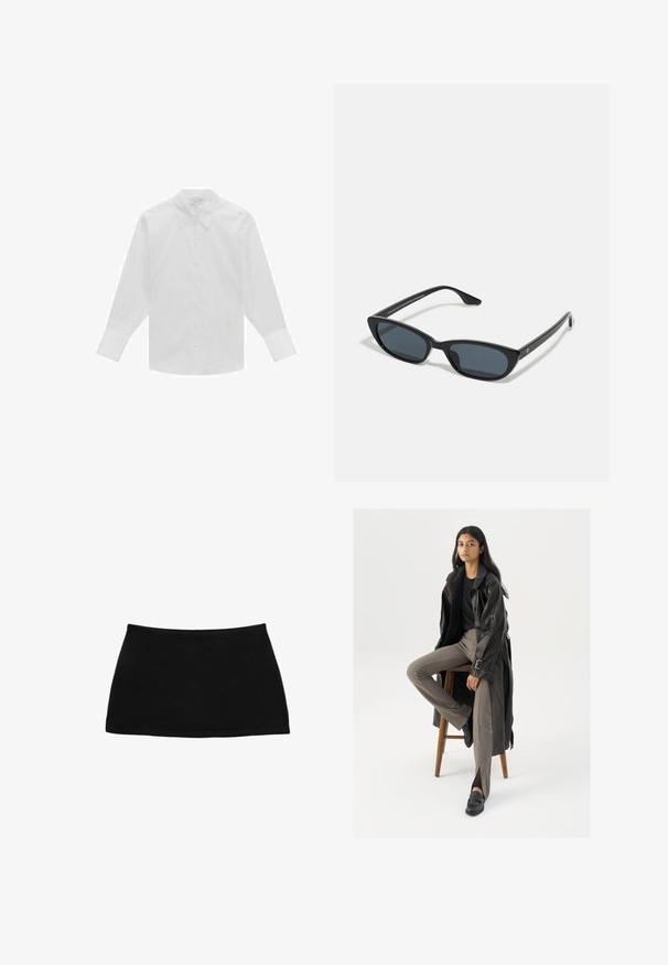 Hvid langærmet skjorte med knaplukning lavet af bomuld, med klassisk krave, frontknapper og strukturerede skuldre. Glat tekstur.; Sort bomulds mini nederdel med en tætsiddende talje. Glat tekstur, enkelt design og lige kant. Ingen yderligere mønstre eller hardware synlige.; Sort læder trench coat med knapper og bælte detalje, parret med lysebrune tætsiddende bukser og sorte loafers, siddende på en træstol.; Sorte katteøje solbriller med mørke linser, plastikramme, slanke temple og diskret branding på den indre arm. Mat finish tekstur.; Sort lædertaske med en glat overflade, rektangulær form og to lange håndtag. Enkel design uden synligt hardware eller dekorationer.; Guldtonede metalknopper med en hamret overflade, der har et åbent design og glatte kanter. To størrelser vist: en bredere og en slankere.