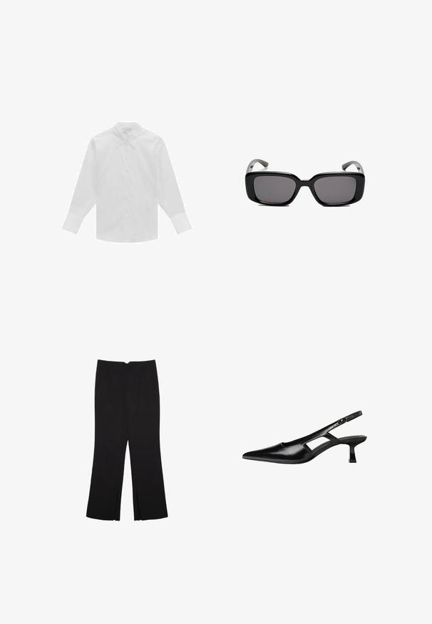 Hvid langærmet skjorte med knaplukning lavet af bomuld, med klassisk krave, frontknapper og strukturerede skuldre. Glat tekstur.; Sorte bukser med lige pasform, der har frontlommer og slidser i kanten. Lavet af blødt, glat stof. Velegnet til forskellige anledninger.; Sorte patentlæder slingback hæle med spids tå, udskåret sideskærm og en lille firkantet hæl. Glat tekstur med minimale detaljer.; Sorte rektangulære solbriller med mørke linser, glat plastikramme og buede stænger. Designet er klodset med en minimalistisk æstetik.