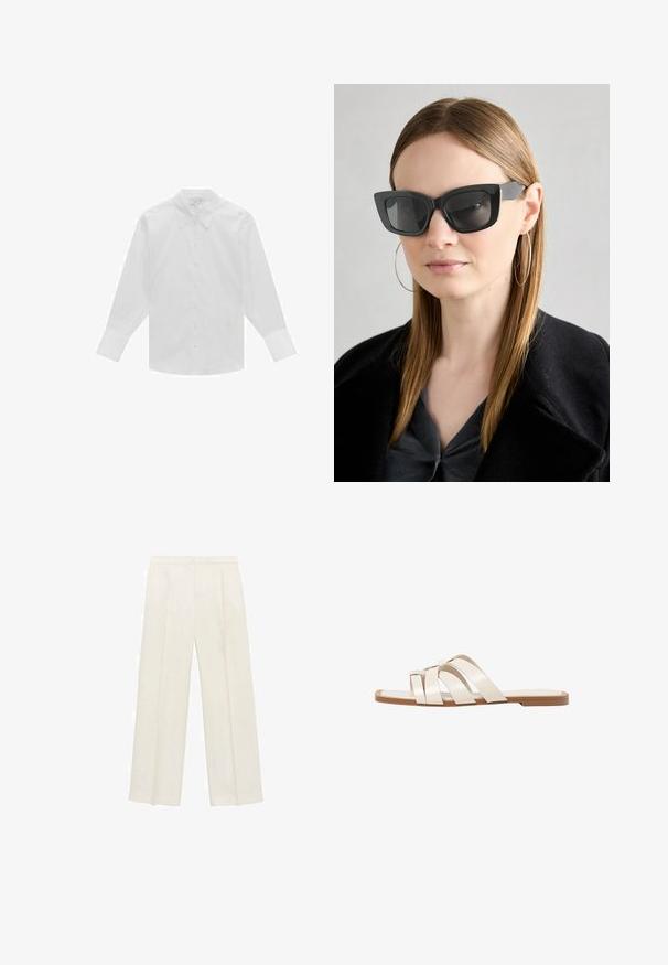 Hvid langærmet skjorte med knaplukning lavet af bomuld, med klassisk krave, frontknapper og strukturerede skuldre. Glat tekstur.; Bredbenede bukser i en lys cremefarve. Fremstillet af et glat stof med plisseringer foran og sidelommer.; Flade sandaler med en lys gummisål, designet med tre overlappende hvide læderremme og en lille sløjfe detalje i midten.; Sorte katteøje solbriller med mørke linser, tykke rammer og subtile detaljer. Båret med en sort frakke og en grå bluse, med langt, glat hår.; Lysebrun læderhåndtaske med en unik form, featuring to korte håndtag og et langt justerbart rem. Glat tekstur med minimal hardware.