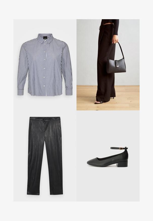 Camicia a maniche lunghe a righe in blu e bianco, con colletto a camicia, righe verticali e chiusura frontale con bottoni e polsini abbottonati.; Pantaloni neri in similpelle con una texture liscia, gambe affusolate, vita elastica e un dettaglio con bottone sul davanti.; Pump in pelle nera con punta affusolata e tacco basso a blocco. Presenta una cinghia alla caviglia con una fibbia in tonalità oro. Texture liscia.; Borsa nera con forma strutturata, texture liscia e una chiusura metallica. Abbinata a pantaloni neri larghi e sandali open-toe su un pavimento in legno.