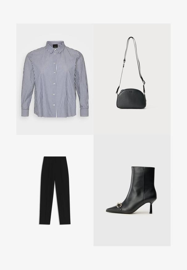 Striped long-sleeve shirt in blue and white, featuring a button-down collar, vertical stripes, and button-front closure with buttoned cuffs.; Black trousers with a straight fit, featuring double pleats, a smooth texture, and a classic waistband design. No visible hardware or accents.; Black leather ankle boot with pointed toe, slim mid-height heel, and silver buckle detail on side against plain background.; Black leather crossbody bag with a rounded shape, two adjustable straps, and a subtle logo on the front. Textured exterior, minimalistic design.