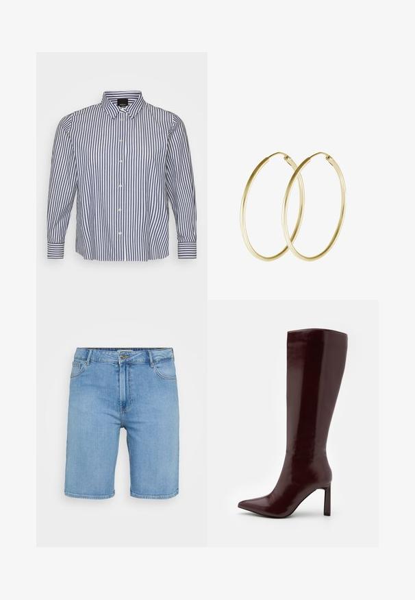 Stribet langærmet skjorte i blå og hvid, med knap-til-nakke, lodrette striber og knaplukning foran med knapmanschetter.; Lys blå denim shorts med klassisk pasform, der har en frontknaplukning, bæltestropper og to sidelommer. Glat tekstur og lige kant.; Even&Odd Høje støvler/ Støvler - dark red; Guld hoops øreringe med et glat, rundt design og en blank finish. Letvægts konstruktion med en sikker låsemekanisme.