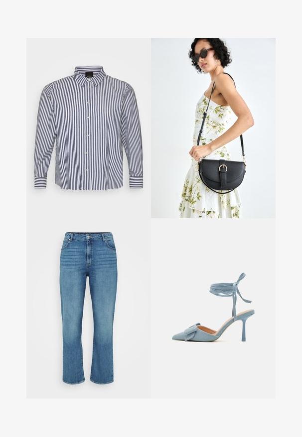 Pasiasta koszula z długim rękawem w niebiesko-białe paski, wyposażona w kołnierzyk zapinany na guziki, pionowe paski oraz zapięcie na guziki z mankietami zapinanymi na guziki.; Jasnoniebieskie dżinsy o prostym kroju nogawki, z pięcioma kieszeniami, szlufkami na pasek oraz subtelnym wyblaskiem z przodu.; Czółenka na wysokim obcasie z ostrym noskiem w jasnoniebieskim materiale o teksturowanym wykończeniu, z akcentem w postaci kokardy i paskiem wokół kostki zapewniającym stabilne dopasowanie.; Czarna skórzana torebka o zakrzywionym kształcie, z odpinanym paskiem i złotymi akcentami. Torebka posiada klapę z zapięciem w kształcie klamry.