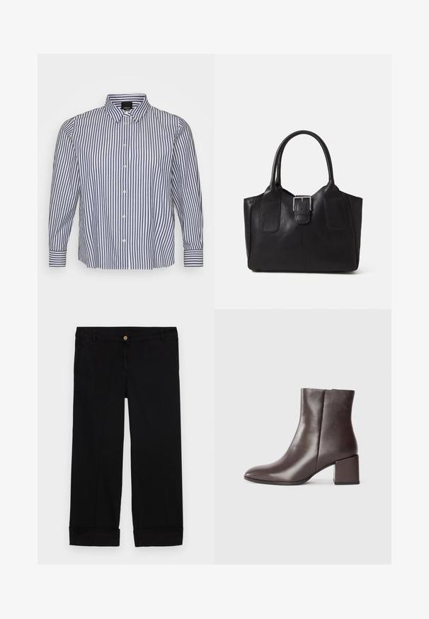 Stribet langærmet skjorte i blå og hvid, med knap-til-nakke, lodrette striber og knaplukning foran med knapmanschetter.; Sorte bomuldsbukser med lige ben, der har forlommer, en guldknaplukning og opkrøllede manchetter. Glat tekstur.; Brun læder ankelstøvle med et slankt design, spidse tå og firkantet blokhæl. Glat tekstur og minimalistisk silhuet.; Sort læder tote taske med glat tekstur, struktureret form, to håndtag og en fremtrædende sølvspænde detalje på forsiden.