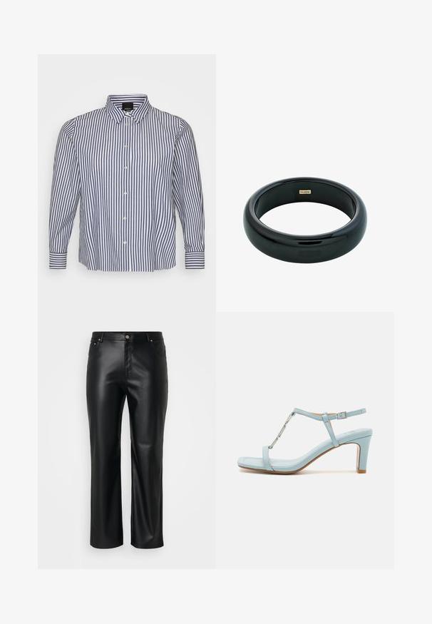 Röstripiline pikkade varrukatega särk sinises ja valges, mis sisaldab nööpidega krae, vertikaalseid rinde ja nööpide ees sulgemist nööpidega mansettidega.; Mustast kunstnahast püksid sirge lõikega, millel on vöökohad, ees taskud ning lukuga sulgemine, millel on nööp. Sujuv tekstuur.; Hele sinine ankle strap kõrge kontsaga sandaal ruudu nina disainiga, millel on metallikaktsent ja sile, läikiv nahk.; Must maagussõrmus mustast vaigust, mille pind on sile ja läikiv ning servad ümarad. Sisel küljel on väike kullavärvi "Pilgrim" logo.