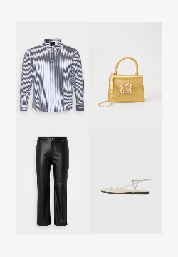 Pasiasta koszula z długim rękawem w niebiesko-białe paski, wyposażona w kołnierzyk zapinany na guziki, pionowe paski oraz zapięcie na guziki z mankietami zapinanymi na guziki.; Czarne spodnie z faux skóry o prostym kroju, z paskami na pasek, przednimi kieszeniami oraz zamkiem błyskawicznym z zapięciem na guzik. Gładka tekstura.; Beżowe płaskie sandały z wieloma cienkimi paskami i regulowanym zapięciem. Podeszwa jest płaska z delikatnym ciemnym kontrastem na krawędzi.; Żółta torebka z faux-krokodylka o wyrafinowanej konstrukcji, z górnym uchwytem, odpinanym łańcuszkiem oraz dekoracyjnym kryształowym zdobieniem na zapięciu.