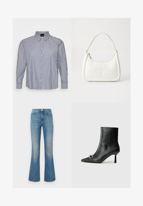 Ριγέ μακρυμάνικο πουκάμισο σε μπλε και λευκό, με γιακά που κλείνει με κουμπί, κατακόρυφες ρίγες και κλείσιμο μπροστά με κουμπιά και μανσέτες με κουμπιά.; Φωτεινά μπλε φαρδιά τζιν φτιαγμένα από τζιν ύφασμα. Διαθέτουν ζωνάκι με κουμπί και ξεθωριασμένο φινίρισμα, που στενεύει προς μια φαρδιά ραφή στους αστραγάλους.; Μαύρο δερμάτινο μποτάκι ζωής με κομψή μύτη, λεπτό μεσαίου ύψους τακούνι και ασημένια λεπτομέρεια με πόρπη στο πλάι, σε απλό φόντο.; Λευκή δερμάτινη τσάντα χειρός με καμπυλωτό σχήμα, διαθέτει ανάγλυφο λογότυπο "CK" μπροστά και μία ενιαία λαβή ώμου. Κλείσιμο με φερμουάρ στην κορυφή.