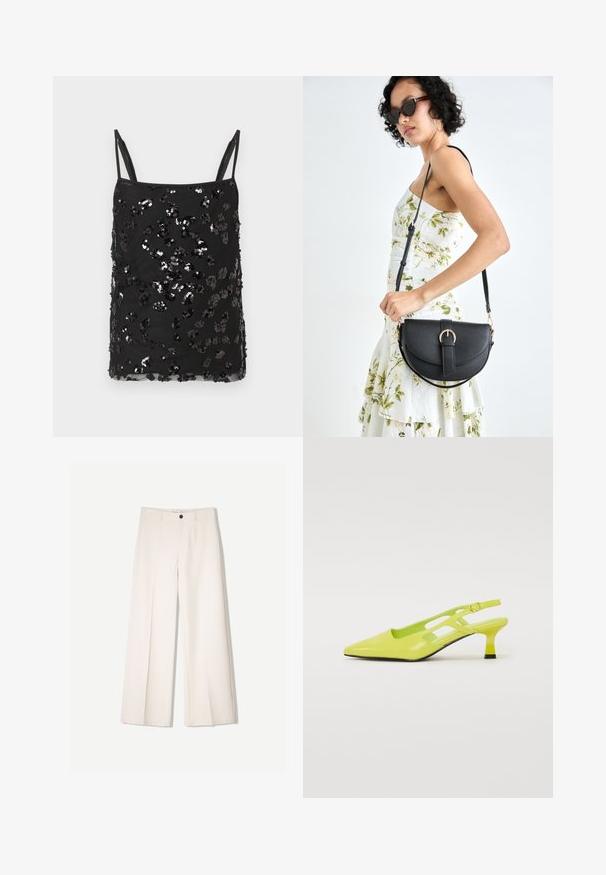 Schwarzes Camisole-Oberteil mit dünnen Trägern, verziert mit unterschiedlich großen schwarzen und silbernen Pailletten, die ein verstreutes Muster über den Stoff bilden.; Cremfarbene weitem Hosen mit maßgeschneidertem Design, ausgestattet mit zwei vorderen Taschen und einem vorderen Knopfverschluss, aus glattem Stoff gefertigt.; Gelbe Slingback-Schuhe mit spitzem Zeh, glänzendem Finish, ausgeschnittenem Seitendesign und kurzen, stabilen Absätzen.; Schwarze Lederhandtasche mit geschwungener Form, abnehmbarem Tragegurt und goldenen Beschlägen. Die Tasche verfügt über einen Deckel mit einer Schnallen-Details.