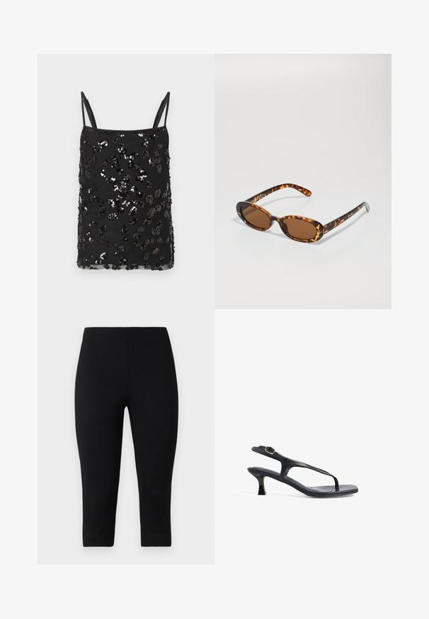 Black camisole top with thin straps, embellished with varying sizes of black and silver sequins forming a scattered pattern across the fabric.; Black capri leggings made of stretchy material, featuring a snug fit and smooth texture, with no prominent patterns or accents.; Black leather sandal with a slim design, thin straps, and a small heel. Features a buckle accent and a smooth textured footbed.; Tortoiseshell sunglasses with oval frames, brown lenses, and slender black arms featuring subtle pattern accents.