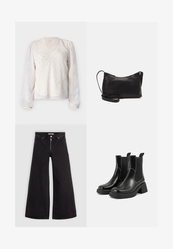 ONLY ONLIVY V NECK - Blúzka - whitecap gray; Dlhé nohavice vo voľnom strihu z čierneho denimu so zipsom vpredu, päť vrecúškovým dizajnom a jemnými stehovými detailmi. Hladká textúra a neformálny štýl.; Čierne kožené Chelsea čižmy s robustným podpätkom, elastickými bočnými panelmi a kontrastným bielym prešívaním. Textúrovaný povrch.; Čierna kožená ramenná taška s hladkou textúrou, zakriveným tvarom, nastaviteľným popruhom a zipsom. Minimalistický dizajn bez ozdôb.
