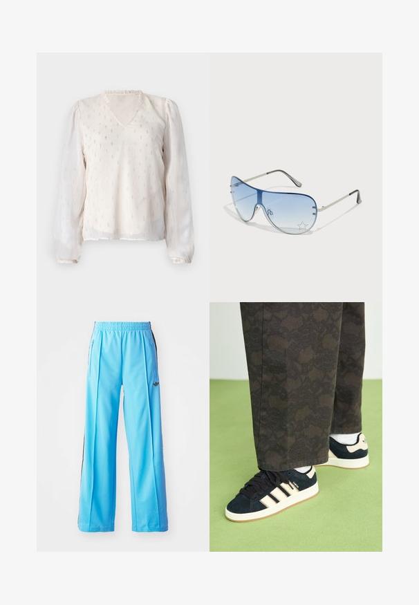 ONLY ONLIVY V NECK - Pluus - whitecap gray; Heledad sinised sportpüksid, millel on kummitasku, külgmised tõmblukud ja mustad külgtäiendused. Pehme kangas ja laia lõikega disain.; Mustare ja mustrilised püksid, mis on paaritatud tumesiniste sametist tossudega, millel on kreemivärvilised triibud ja valged tallad. Kuvatud pinnad on tekstuuriga ja siledad.; Aviatori prillid, millel on gradient sinine objektiiv, hõbedane metallraam ja dekoratiivsed staaraktsendid objektiivil. Sujuv ja stiilne disain.