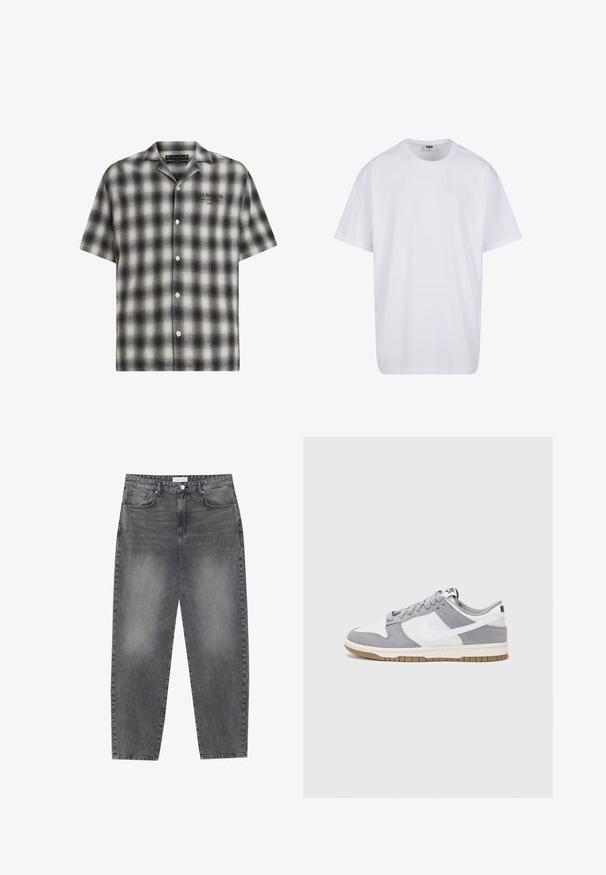 Chemise à manches courtes à carreaux noirs et blancs, avec un devant boutonné. Présente une coupe décontractée, une texture douce et un logo de la marque sur la poitrine.; T-shirt en coton blanc avec des manches courtes, un col rond, une coupe décontractée et sans logos ni motifs visibles. Texture lisse et design minimaliste.; Jean taille haute, décontracté en denim noir délavé. Comprend cinq poches, des passants de ceinture et un design de jambe droite épurée.; Baskets grises et blanches avec un dessus en suède et cuir, bout rond, lacets plats et semelle en caoutchouc avec une touche de gomme.