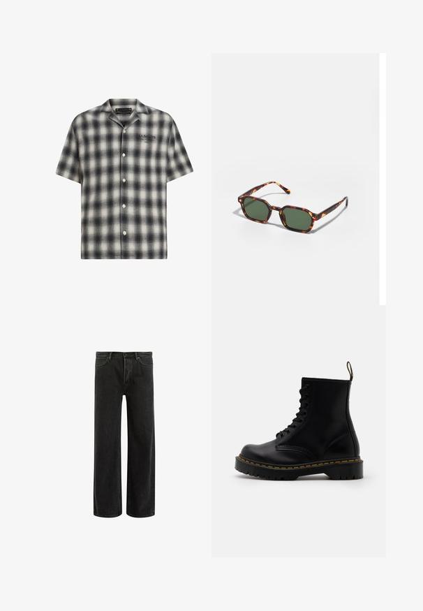 Juodas ir baltas, trumpomis rankovėmis, languotas marškinėliai su mygtukų užsegimu priekinėje dalyje. Pasižymi laisvu siluetu, minkšta tekstūra ir prekės ženklo logotipu ant krūtinės.; Juodi džinsai plačiomis kojomis su aukštu liemeniu, su klasikinio penkių kišenių dizainu ir švelniu prasiskverbimu dėl tekstūruotos išvaizdos.; Juodi odiniai auliniai batai su raištelių priekiu, geltonu siuvimu, apvaliu pirštu ir storu, tekstūruotu guminio pado.; Žvyneliai akiniai nuo saulės su žaliais lęšiais, turintys aštuonkampį formos ir plonas, lenktas šakeles. Medžiaga turi blizgų paviršių.