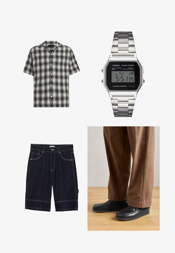 Chemise à manches courtes à carreaux noirs et blancs, avec un devant boutonné. Présente une coupe décontractée, une texture douce et un logo de la marque sur la poitrine.; Shorts en denim foncé avec des coutures contrastées, cinq poches, une fermeture à bouton et une coupe droite. Pas de motifs ou de textures visibles.; Chaussures en cuir noir au design mocassin avec des détails de couture, accompagnées de pantalons bruns, sur un sol en bois.; Montre Casio numérique avec un cadran noir, un bracelet en acier inoxydable argenté, un boîtier rectangulaire et des boutons pour la lumière, le réinitialisation des tours et les réglages de mode.
