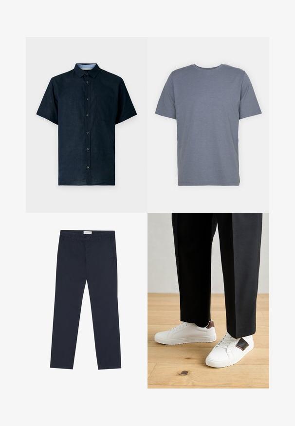 Tamsiai mėlynas trumpomis rankovėmis marškinėliai pagaminti iš lengvos medžiagos, su mygtukų užsegimu priekyje, smailiu religiniu apykakle ir kairėje krūtinės pusėje kišene.; Pilkas trumpas rankovėmis marškinėliai su apvaliu kaklu, pagaminti iš švelnaus medvilnės mišinio. Paprastas dizainas, be raštų ar akcentų.; Tamsiai mėlyni džinsai, pagaminti iš medvilnės, su glotnia tekstūra, turintys užtrauktuką, dirželių kilpas ir šonines kišenes funkcionalumui.; Balti sportbačiai su glotnia danga, puošti rudais odiniais akcentais ir juodais detalėmis, derinami su juodais pritaikytais kelnėmis. Medinių grindų fonas.