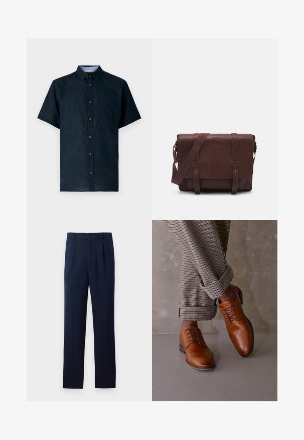 Kratkosleeve majica marine barve iz lahkega materiala, z gumbi spredaj, s koničasto ovratnikom in žepom na levi prsni strani.; Morske modre hlače iz gladkega materiala, z enim gumbom za zapiranje, naprsniki in ravnimi nogami. Minimalističen dizajn brez opaznih vzorcev.; Rjave usnjene čevlje odlikuje zaobljen odmerek, pet odprtin za vezalke in kontrastne temne vezalke. Hlače so karirane, zavite pri robovih.; Rjava usnjena torba za sporočila z ravnim sprednjim poklopcem, dvema trakovoma, zlatimi kovinskimi detajli in nastavljivim naramnim pasom.