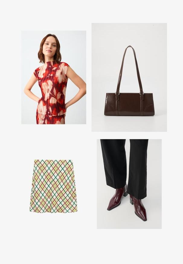Top plissettato rosso e beige con collo alto e maniche a sbuffo, caratterizzato da una stampa floreale con forme astratte. Texture liscia, design aderente.; Gonna A-line bianca con motivo a quadri incrociati verde, marrone e giallo, lunghezza al ginocchio, esposta su uno sfondo bianco.; Stivaletti in pelle verniciata bordeaux con punta affusolata, tacco grosso e finitura texturizzata, abbinati a pantaloni neri a gamba larga.; Borsa in pelle verniciata marrone di forma rettangolare, con due manici lunghi e sottili accenti curvi sul davanti.