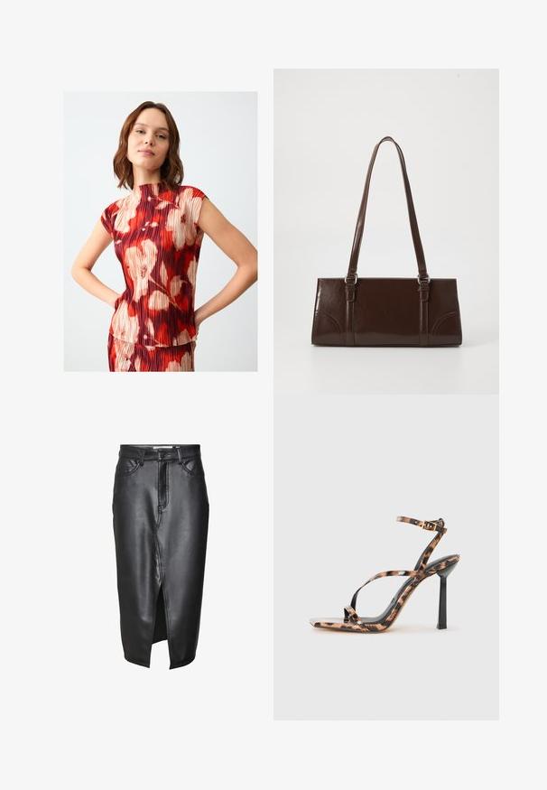 Rode en beige geplooide top met een hoge halslijn en kapmouwen, voorzien van een bloemendessin met abstracte vormen. Gladde textuur, aansluitend ontwerp.; Zwarte leren rok met een middellange ontwerp, voorzien van een split aan de voorkant, klassieke riemlussen en gestikte details langs de naden.; Gevlochten hoge hak sandalen met een vierkante teen, voorzien van een luipaardprintpatroon in bruin- en zwarttonen op een glanzende afwerking.; Bruine lakleren handtas met een rechthoekige vorm, twee lange handvatten en subtiele gebogen accenten aan de voorkant.