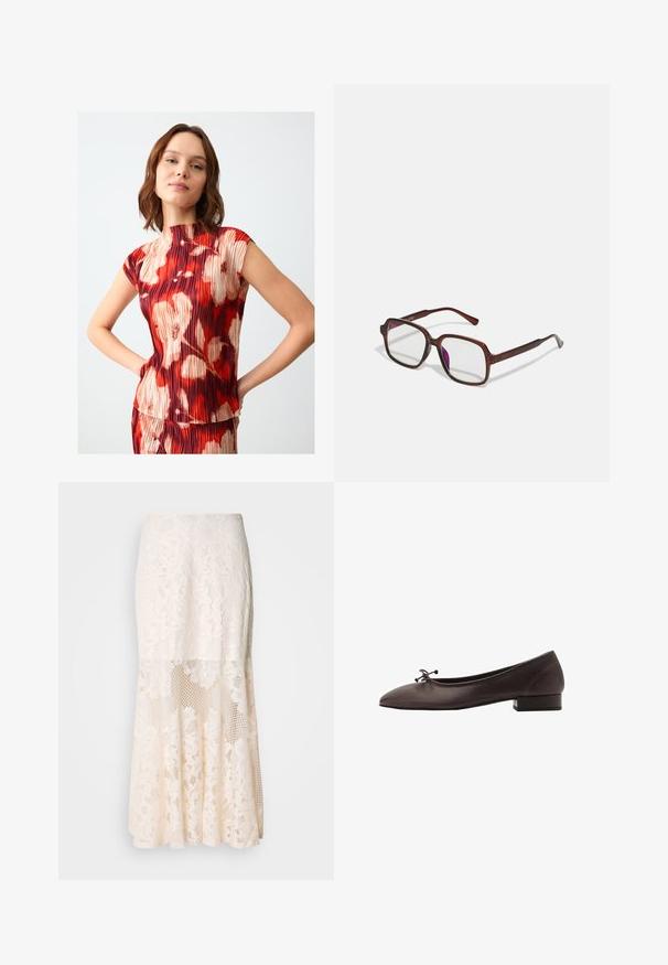 Haut plissé rouge et beige avec un col montant et des manches courtes, orné d'un imprimé floral avec des formes abstraites. Texture lisse, design ajusté.; Top marron à manches longues avec un col rond, fabriqué dans un matériau doux. Présente un design ajusté et une texture lisse.; Jupe midi en dentelle florale couleur crème ; elle présente un design superposé avec des sections transparentes, de la dentelle texturée, et un ourlet évasé.; Ballerines en cuir brun avec un bout rond et un petit talon carré. Présentent un fin nœud à l'avant et des détails de couture subtils.; Lunettes rectangulaires marron avec des verres transparents et des nuances violacées. Monture en plastique lisse avec des branches droites et des accents subtils.