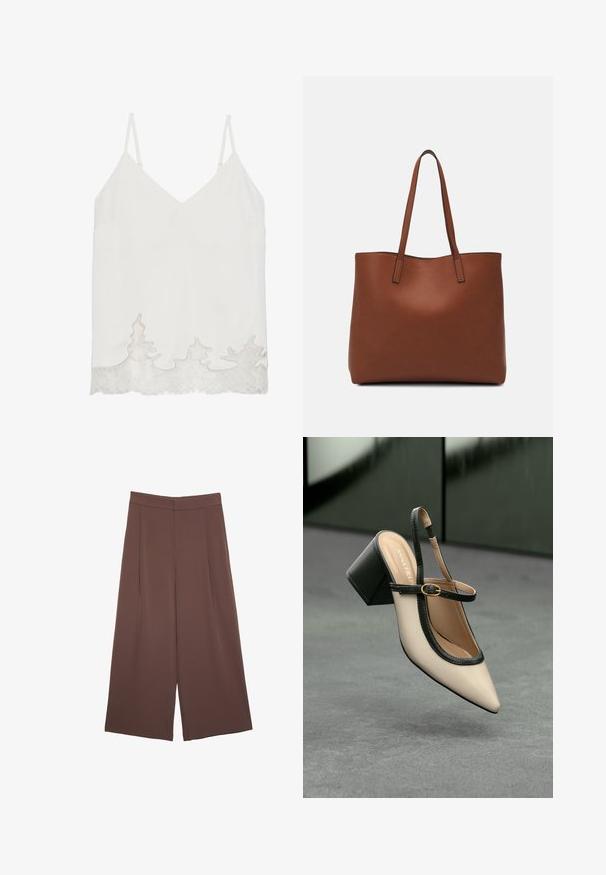 Hvid ærmeløs bluse med V-udskæring, der har en blondekant i bølget mønster ved kanten. Glat tekstur og minimalistisk design.; Brune bredbunde bukser med en glat tekstur, der har høj talje og plisseringer foran. Stoffet er let og falder løst.; Beige spids tå slingback sko med sort kant, guld spænde og en chunky blokhæl på grå gulv med mørkegrøn baggrund.; Brun læder tote taske med en glat overflade, åben topdesign og to skulderremme. Har minimal syning og ingen synlig hardware.