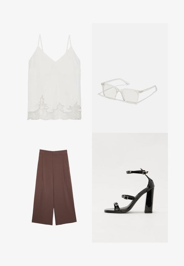 Bílé bezrukávové tričko s V-výstřihem, které má krajkový lem na spodním okraji s vlnkovým vzorem. Hladká textura a minimalistický design.; Hnědé široké kalhoty s hladkou texturou, vysokým pasem a předními záhyby. Materiál je lehký a volně splývá.; Černé lakované sandály na podpatku se čtveratou špičkou, lýtkovými pásky a stříbrnými přezkami. Disponují masivním blokovým podpatkem pro stabilitu.; Průhledné plastové brýle čtvercového rámečku s průsvitnými čočkami, které mají zlaté akcenty na spáncích pro zvýraznění detailů.; Hnědá kožená křížová taška s zakřiveným tvarem, zlatými detaily a akcentem s přezkou. Obsahuje odnímatelný popruh na rameno.
