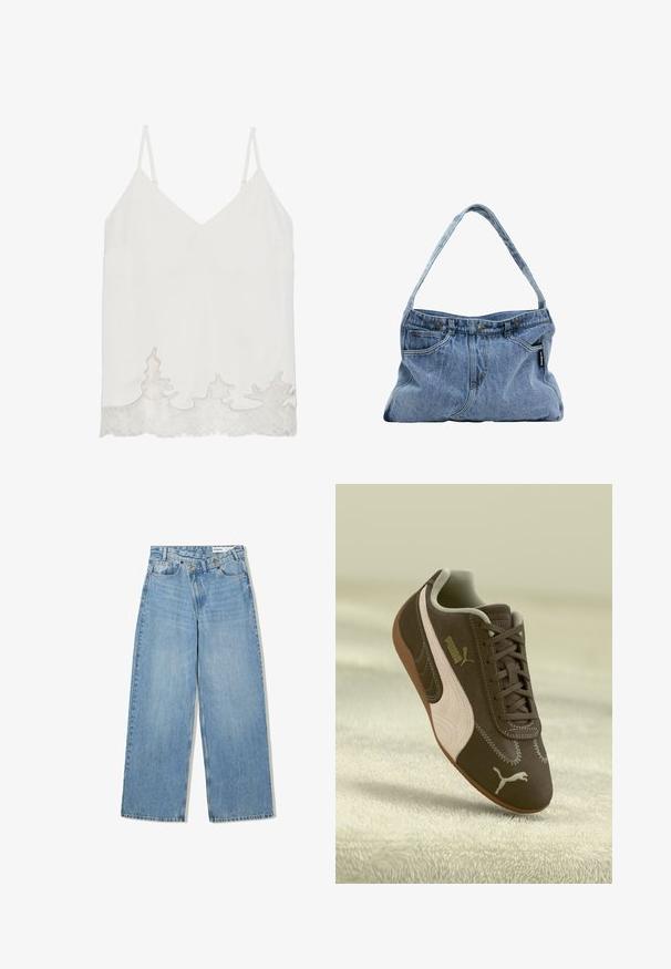 Hvid ærmeløs bluse med V-udskæring, der har en blondekant i bølget mønster ved kanten. Glat tekstur og minimalistisk design.; Lyseblå vide denimjeans med høj talje, fem lommer, knaplukning og diskret falmning for tekstur.; Brune Puma sneakers med beige stribe og logo, snøret, hvilende på en struktureret beige overflade.; Denim skuldertaske med en buet rem, to forlommer og en knaplukning, der har lyseblåt stof og kontrasterende syninger.; Sølvringe med en glat, poleret overflade. Har en unik oval form og en sikker lukningsdesign. Stemplet "925" for sterling sølv.